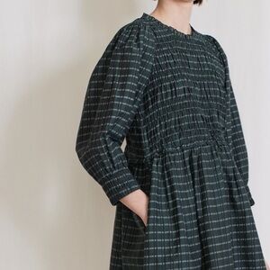 Apiece Apart green and White Checkered Aldea smocked 3/4 sleeve mini dress M